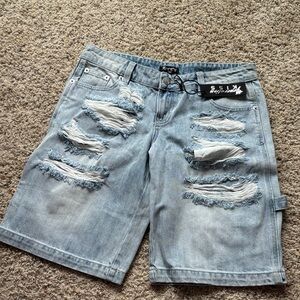 Trendy Light Blue Distressed Denim Shorts